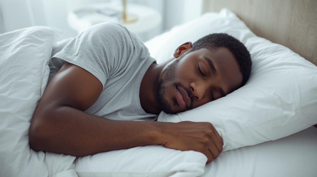 Pessoa dormindo na posição lateral em uma cama confortável para manter as vias aéreas abertas.
