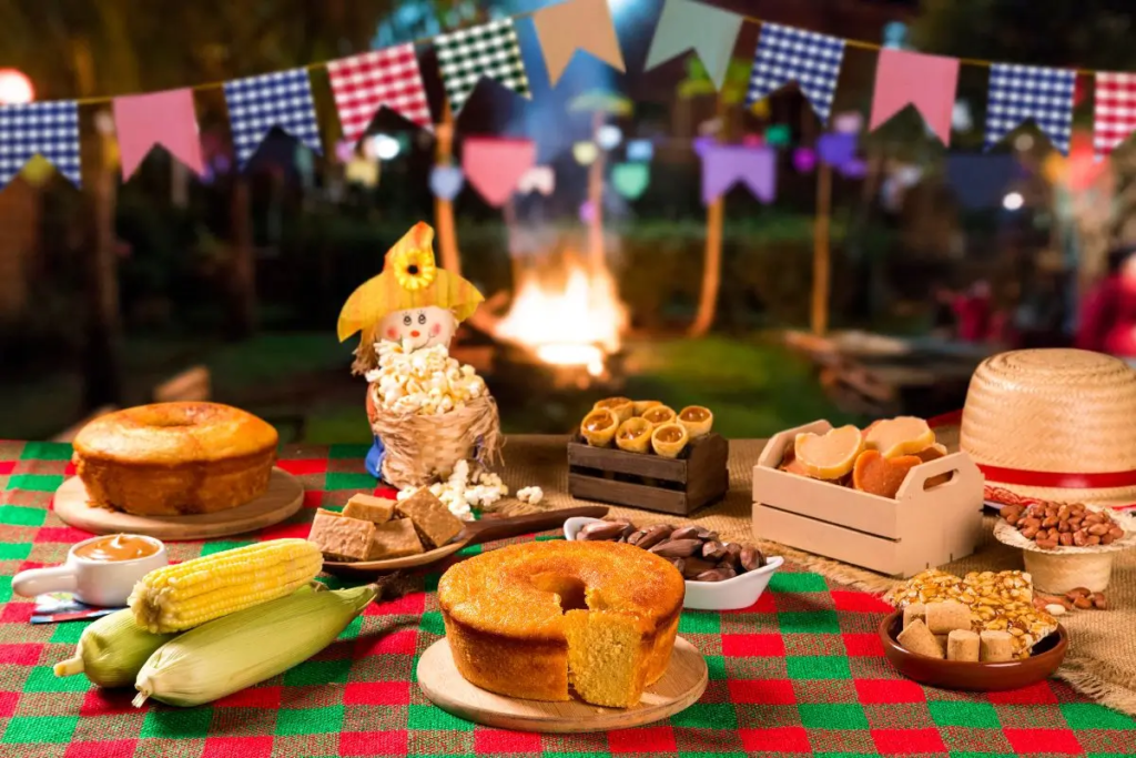 Mesa com vatapá, mingau de milho e cerveja típicos das festas juninas, ilustrando a relação entre festas juninas e ronco
